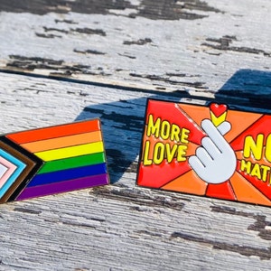 More Love No Hate Progress Pride Flag Pin Set of 2 Enamel Lapel Pins Badge LGBT LGBTQ Equality Unity Rainbow Supports Charity image 1