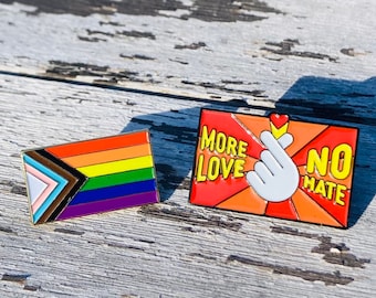 More Love No Hate + Progress Pride Flag Pin Set of 2 -  Enamel Lapel Pins Badge LGBT LGBTQ+ Equality Unity Rainbow Supports Charity