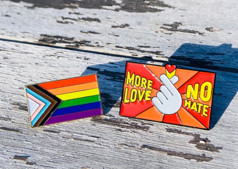 More Love No Hate Progress Pride Flag Pin Set of 2 Enamel Lapel Pins Badge LGBT LGBTQ Equality Unity Rainbow Supports Charity image 1