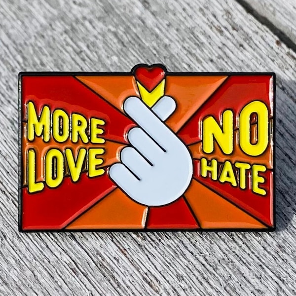 More Love No Hate Heart Hand Finger Sign 1.25" Lapel Pin Badge Unity Equality Ally United Stop Hate Supports Charity AAPI