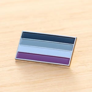 May include: A small metal pin with a five-stripe asexual pride flag design. The stripes are black, gray, white, light gray, and purple.