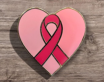 Breast Cancer Awareness Pink Ribbon Heart Pin – Gold Enamel Support Keepsake