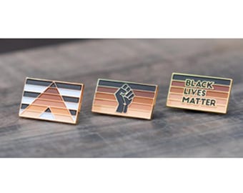 Set of 3 - Black Lives Matter Stripe / Unity Fist Flag / Black Ally 1" Lapel Pin Badge Gold BLM Juneteenth MLK Equality Supports Charity