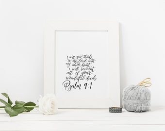 Gratitude Digital Download Print, Calligraphy Print, Wall Art, Hand lettered Quote, Scripture Print, Faith, Bible Verse Prints, Psalm 9:1