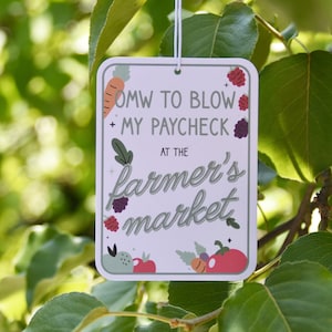 Puede incluir: Tarjeta blanca con un diseño rosa y verde con una zanahoria, un tomate y bayas de dibujos animados. El texto en la tarjeta dice "OMW to blow my paycheck at the farmer's market".