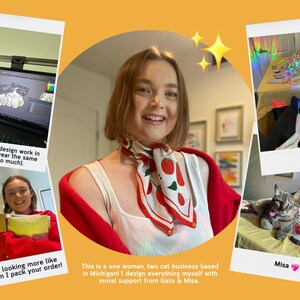 Everything in this shop, including this item, is designed by Franki Hanke. While she’s the only human running the brand, she’s emotionally supported by two office cats Gato and Misa. This shop is woman and LGBTQ owned.