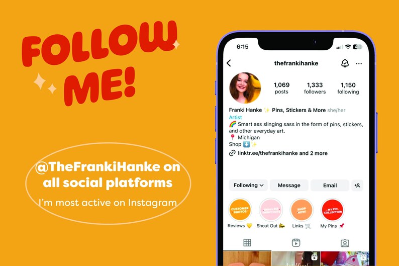 A digital graphic featuring a cell phone showing a colorful Instagram feed for artist Franki Hanke. Follow me @TheFrankiHanke on all social platforms, but I’m most active on Instagram. On social, you can see more of the artist behind these designs.
