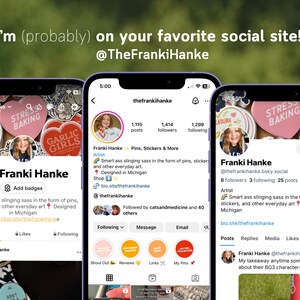 A digital graphic featuring a cell phone showing a colorful Instagram feed for artist Franki Hanke. Follow me @TheFrankiHanke on all social platforms, but I’m most active on Instagram. On social, you can see more of the artist behind these designs.