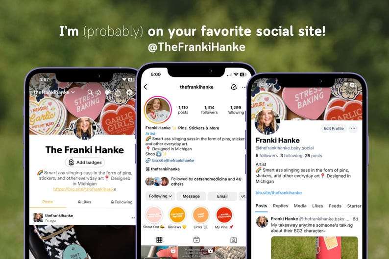 A digital graphic featuring a cell phone showing a colorful Instagram feed for artist Franki Hanke. Follow me @TheFrankiHanke on all social platforms, but I’m most active on Instagram. On social, you can see more of the artist behind these designs.