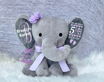 Personalized Elephant, Birth Announcement Elephant, Birth stat plush, Keepsake Elephant, New Baby Plush, personalized stuffed animal