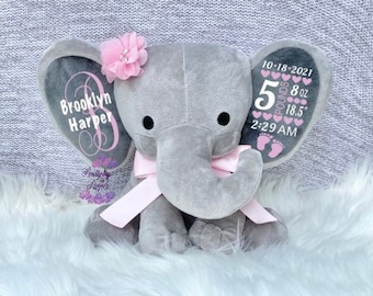 Personalized Elephant, Birth Announcement Elephant, Birth stat plush, Keepsake Elephant, New Baby Plush, personalized stuffed animal