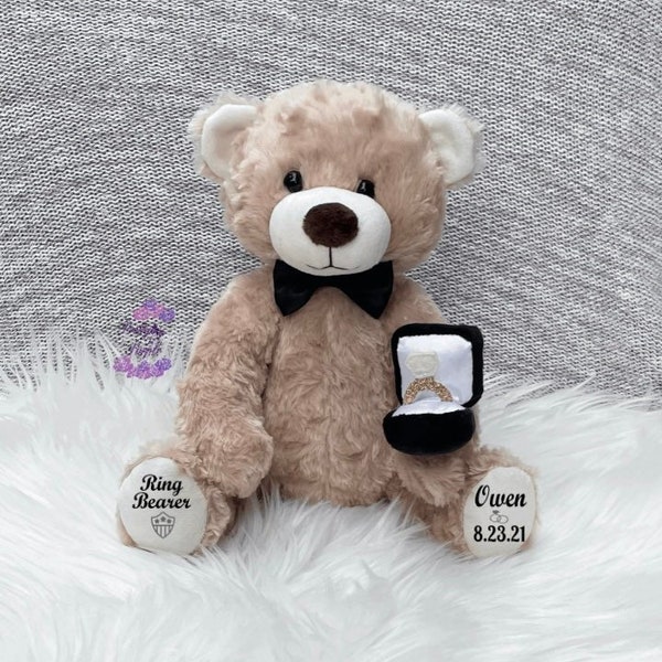 Ring bearer gift, ring bearer teddy bear stuffed animal, ring bearer proposal, personalized bear, wedding party gift, ring bearer keepsake