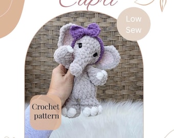 Capri elephant snuggler crochet pattern, low sew crochet pattern, safari crochet pattern, crochet elephant, low sew amigurumi pattern