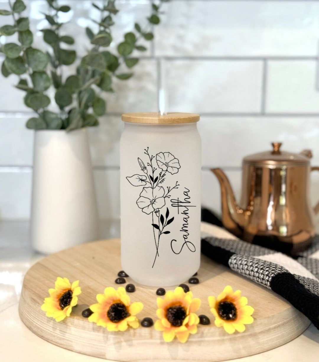 Glass Cup Bamboo Lid Personalized Birth Flower Coffee Cup Etsy