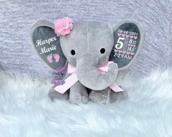 Personalized Elephant, Birth Announcement Elephant, Birth stat plush, Keepsake Elephant, New Baby Plush, personalized stuffed animal
