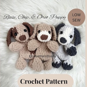 May include: Three crocheted puppy dog toys in beige, brown, and gray. The toys have floppy ears, button eyes, and a heart-shaped nose. The text "Reese, Chip, & Oreo Puppy" and "Crochet Pattern" are displayed.