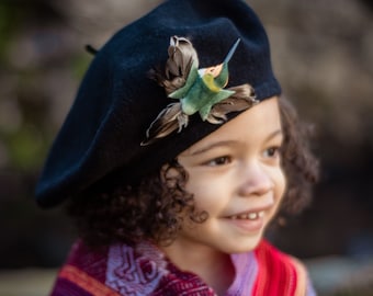 The Picaflor beret! Adorable upcycled black wool beret with hummingbird appliqué