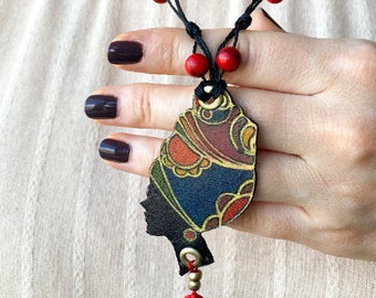 Hand painted African Woman • Handmade Genuine Leather Pendant • Unique Long Necklace • Adjustable Necklace • Gift For Her • Birthday  DB39