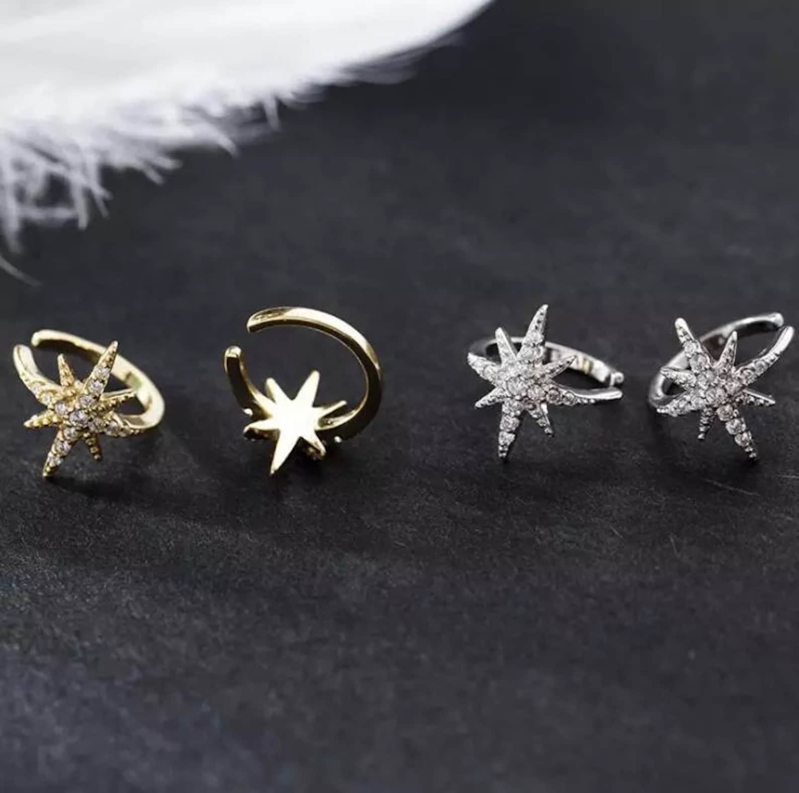 Silver Star Ear Cuff Earrings Paved Huggie Hoop Earrings Etsy