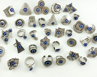 Evil Eye Boho Rings • Good Luck •  Ethnic Rings For Women • Large Greek • Statement •Adjustable  Blue Eye Protection •Antique Silver   MB026