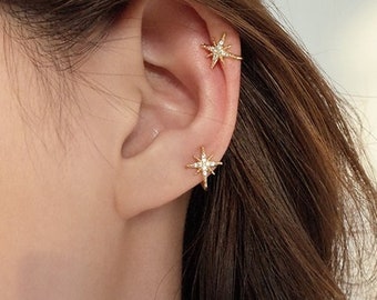Silver Star Ear Cuff Earrings  - Paved Huggie Hoop Earrings - CZ Cartilage   - Starburts Ear Cuff - No Piercing - Tragu Earring SSE0017