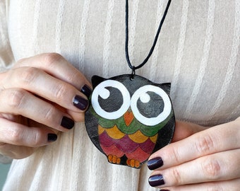 Hand painted Owl Necklace   • Handmade Genuine Leather Pendant • Unique Long Necklace • Adjustable Necklace • Gift For Her • Birthday  DB41