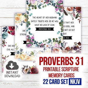 Può includere: Un set di schede di memoria di scrittura stampabili con bordi floreali. Le schede presentano versetti di Proverbi 31, con testo come "Il cuore di suo marito si fida di lei". Il set include 22 schede ed è disponibile per il download immediato.