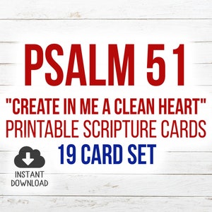 Psalms 51 Printable Scripture Cards | KJV | 19 Card Set | Large Font Size | 5.5x4.25 | Instant Download