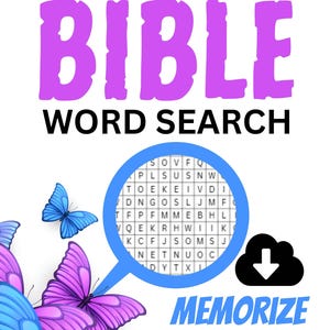 Könnte beinhalten: Auf weißem Hintergrund steht der Text "IN TIMES OF STRESS BIBLE WORD SEARCH" in Schwarz und Lila. Eine Lupe hebt ein Wortsuchrätsel hervor. Auch blaue und lila Schmetterlinge sind abgebildet.