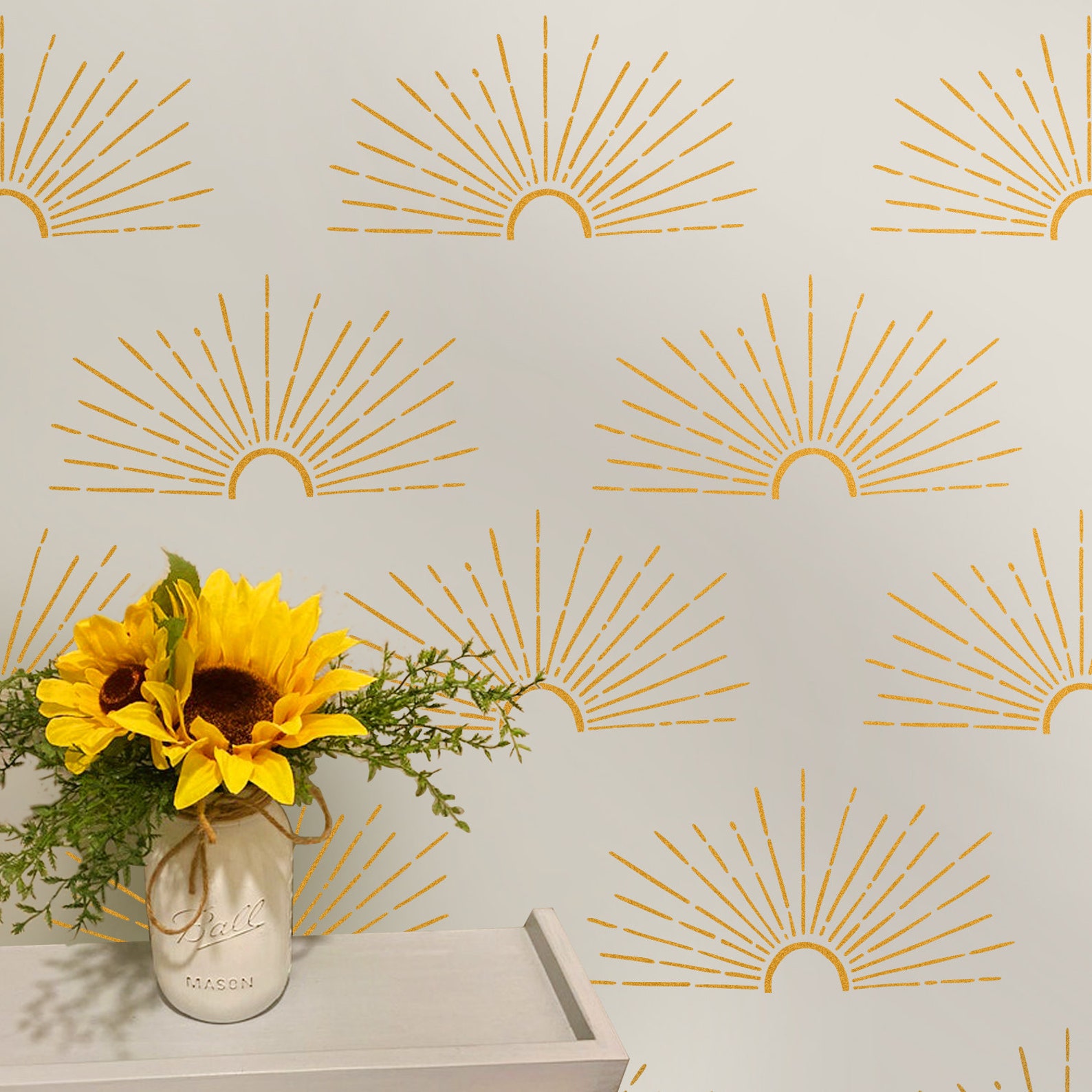 Rising Sun Stencil Boho Sunburst Wall Stencilsreusable Etsy