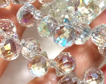 10x8mm 12" Strand Aura Crystal Teardrops For Sun Catcher Jewelry, Tiny Crystal Ball for Suncatchers, Faceted Small Onion Briolettes BC98