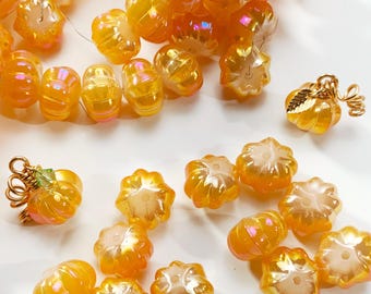 33pcs AB Glass Pumpkin Beads 9x12mm for Halloween Earrings or suncatchers, Fall Autumn Mystic Iridescent Orange Aura Melon Rondelle BG84