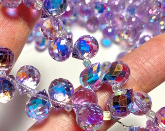 10x8mm 12&quot; Strand Violet Aura Crystal Teardrops For Sun Catcher Jewelry, Tiny Purple Crystal Balls for Suncatchers, Small Briolettes BD03