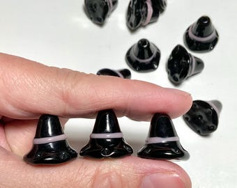 Glass Witch Hat Beads, 3pcs Artisan Made Lampwork 19mm Black Witch Hat Halloween Jewelry, Pendants, Earrings, or Suncatchers CE95