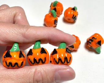 Glass Jack O’Lantern Beads, 2pcs Artisan Made Lampwork 21mm Orange Pumpkin Halloween Jewelry, Pendants, Earrings, or Suncatchers CE97