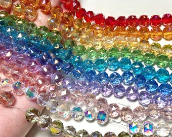 10mm Fancy Gem Cut Faceted Round Beads, 11 inch Crystal Glass DIY Jewelry Suncatcher Supplies, Earrings Necklace Bracelet Rainbow Beads CD70