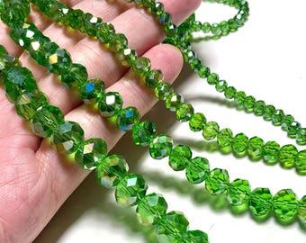 4 Sizes- Faceted Rondelle Fern Green Crystal AB Beads, 15 inch Glass Beads DIY Jewelry Suncatcher Supplies, Earrings Necklace Bracelet CD70
