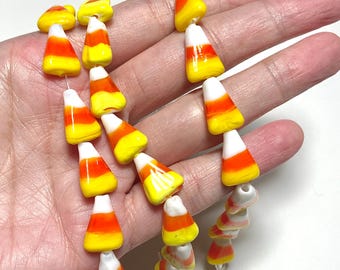 Glass Candy Corn Beads, 1 Strand 12pcs Artisan Made Lampwork 16mm Orange Yellow Halloween Jewelry, Pendants, Earrings, or Suncatchers CE98