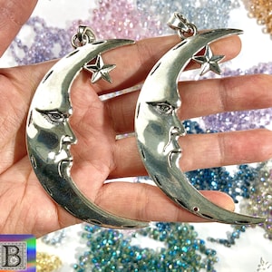 Set of 2 Large 3.5 Inch Moon Face Pendant for Suncatchers | 85mm Silver Metal Moon Star Ornament | LARP Jewelry Moon Costume Accessory BD68