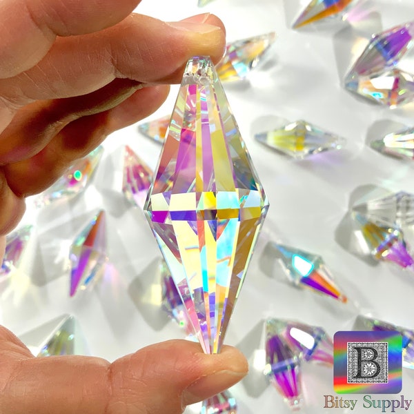 2.5 Inch Step-Cut Bicone Crystal | Transparent AB / Aura Coating | High Quality Leaded Glass Window Crystals For Suncatchers BD63
