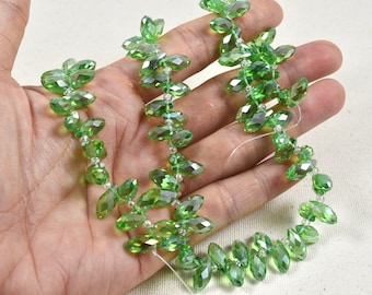 6x12mm 16-inch Strand Faceted AB Glass Green Teardrop Briolette Beads, Peridot Suncatcher Teardrop Prisms, Sparkly Green Crystals BH54