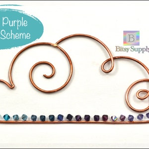 May include: Copper wire cloud shape with aqua and purple iridescent glass beads. The wire is shaped into a cloud with two swirls. The beads are arranged in a gradient from aqua to purple.