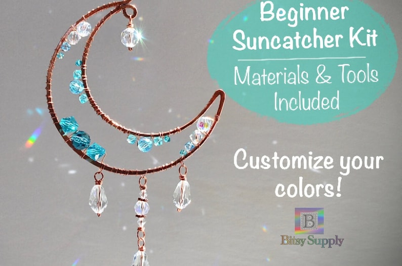 May include: A crescent moon suncatcher kit for beginners. The kit includes all the materials and tools needed to create a beautiful suncatcher. Customize your colors!  Bitsy Supply.