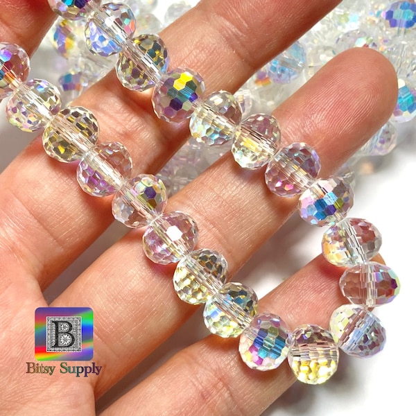 8x10mm 10" Strand Micro-faceted Aura Crystal Beads For Sun Catcher Jewelry, Tiny Crystal Ovals for Suncatchers Step-cut Small Rondelles BC99