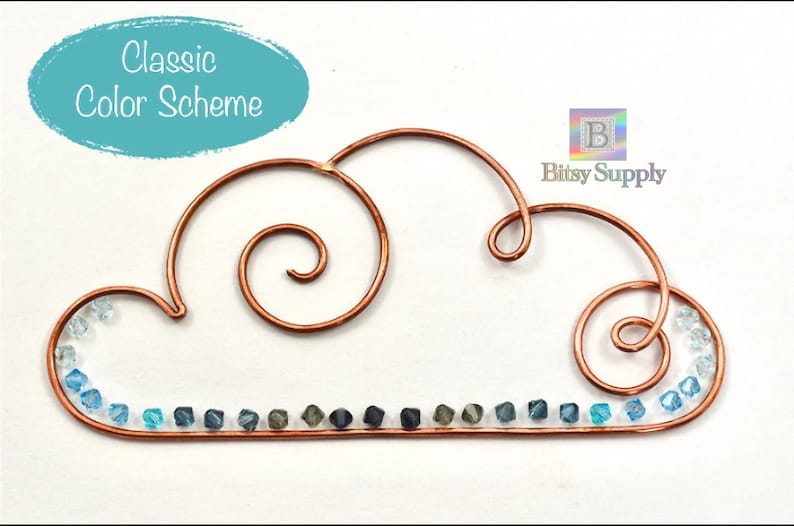 May include: Copper wire cloud with a gradient of blue, gray, and black crystals. The cloud is a simple design with two swirls. The text "Classic Color Scheme" is in the top left corner of the image. The text "Bitsy Supply" is in the top right corner of the image.