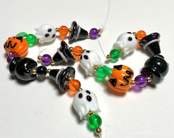 Combo Glass Halloween Beads, 6pcs Artisan Made Lampwork 15-19mm Ghost Jack O’Lantern Witch Hat Cauldron Mix for Jewelry, Suncatchers CE94