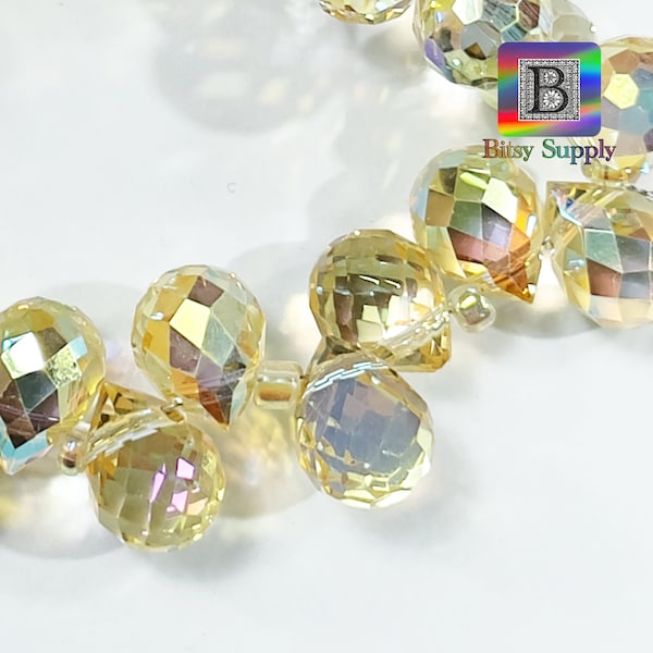 10x8mm 12” Strand Sunshine AB Faceted Crystal Teardrop Beads for Suncatcher Jewelry, Tiny Yellow Crystal Briolettes for SunCatchers BD25