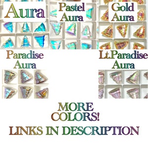 May include: Assortment of iridescent triangle-shaped glass beads in various colors, including gold, pastel, and paradise aura. The beads are arranged in rows in small plastic containers. The text "MORE COLORS! LINKS IN DESCRIPTION" is displayed below the beads.