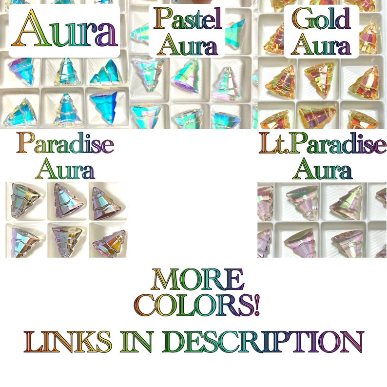 May include: Assortment of iridescent triangle-shaped glass beads in various colors, including gold, pastel, and paradise aura. The beads are arranged in rows in small plastic containers. The text "MORE COLORS! LINKS IN DESCRIPTION" is displayed below the beads.