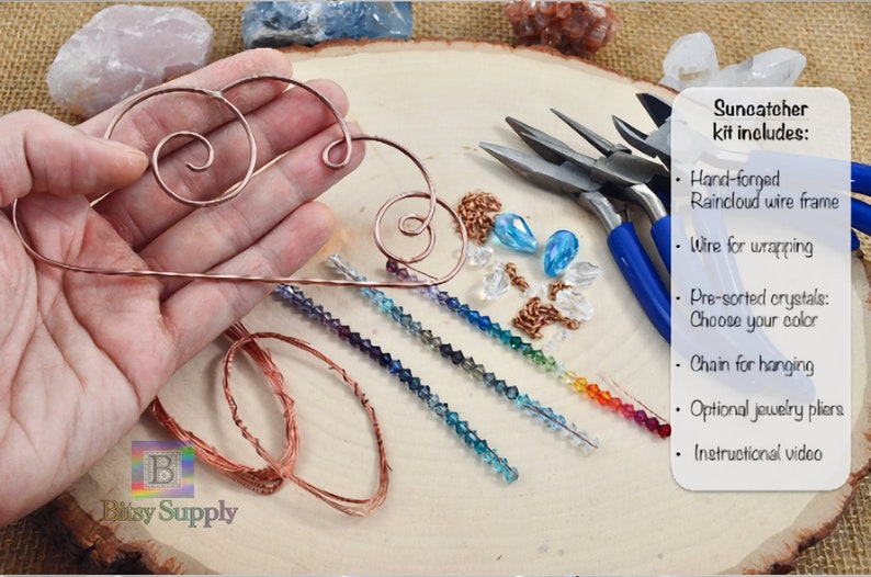May include: A suncatcher kit with a hand-forged copper wire frame, wire for wrapping, pre-sorted crystals, a chain for hanging, optional jewelry pliers, and an instructional video. The kit includes a variety of colors of crystals.